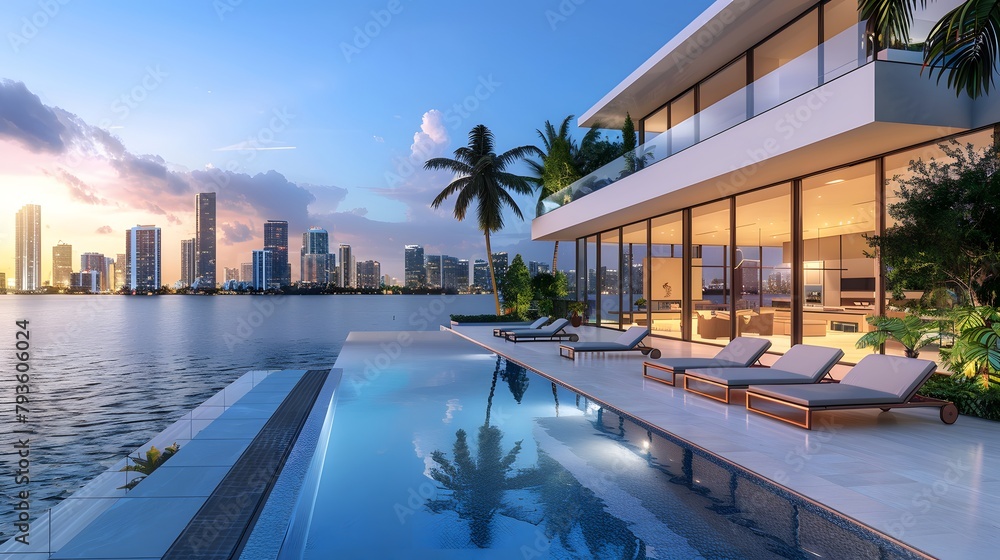 Overlooking the Miami skyline, a stunning infinity pool is complemented by sun loungers and palm trees on an outdoor patio, with a modern mansion featuring large windows