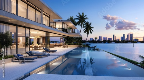 Overlooking the Miami skyline, a stunning infinity pool is complemented by sun loungers and palm trees on an outdoor patio, with a modern mansion featuring large windows  © horizor