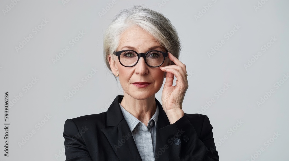 A mature female engineer in a dark blazer, looking over her glasses, wise and experienced, against a minimalist white background, styled as an elder professional's portrait. A mature female engineer in a dark blazer, looking over her glasses, wise and experienced, against a minimalist white background, styled as an elder professional's portrait.