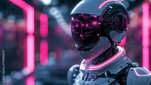 Ai robot on dark pink background with copy space for text