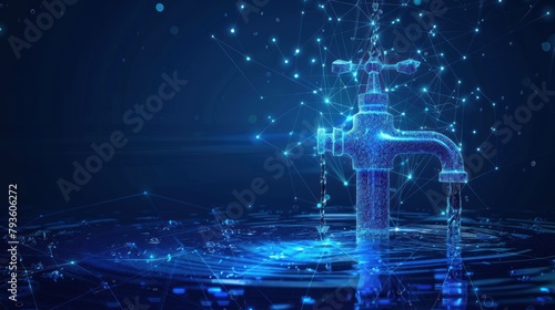Water tap with valve and drop, from futuristic polygonal blue lines and glowing stars for banner, poster, greeting card. AI generated