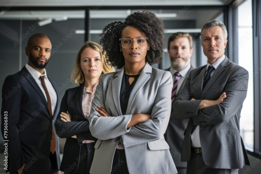 Portrait of confident African American businesswoman standing in front of her team Portrait of confident African American businesswoman standing in front of her team