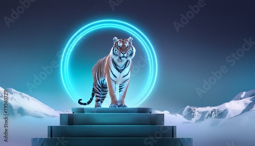 illustration of a lion in the snow, Visualize a majestic tiger standing proudly atop a marble pedestal, with a subtle glow and artistic flair