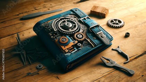 A blue wallet with gears and other tools on it