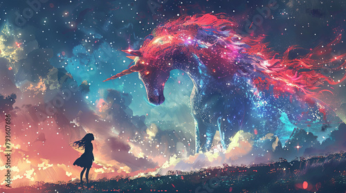 silhouette of girl is looking at giant glitter unicorn, universe background	 photo