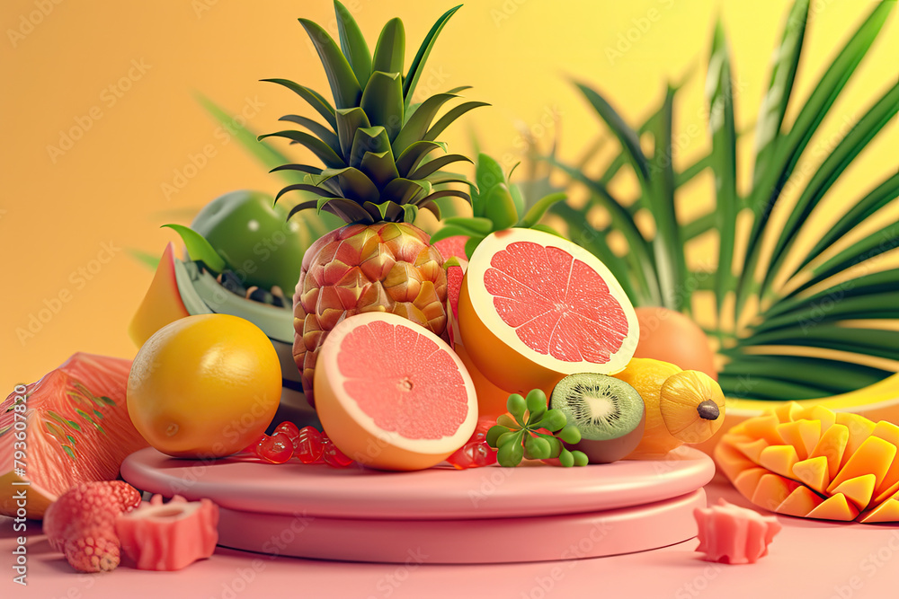 Vibrant and Delicious 3D Tropical Fruit Backdrop for Product Display Vibrant and Delicious 3D Tropical Fruit Backdrop for Product Display