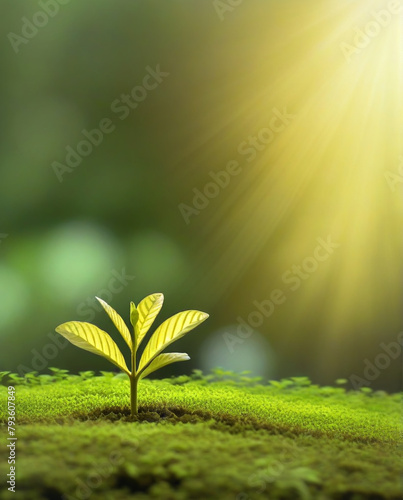 Young plant growing in the morning light and green nature bokeh background , new life growth ecology business financial progress concept ,Earth Day