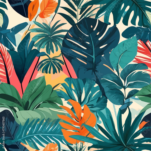 Beach cheerful seamless pattern wallpaper of tropical dark green leaves of palm trees and flowers bird of paradise (strelitzia) plumeria on a watercolor background