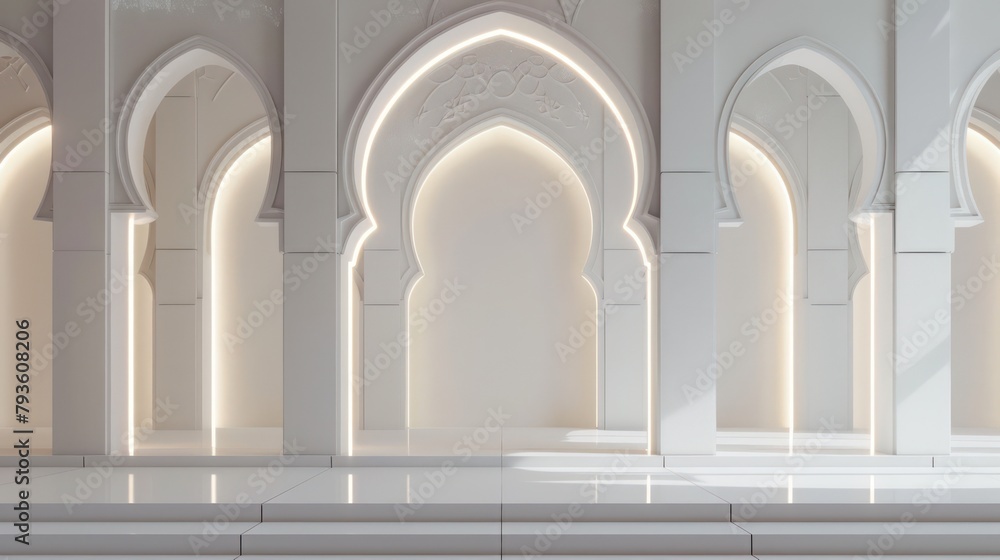 View of a mosque with 3D arches and white Islamic motifs View of a mosque with 3D arches and white Islamic motifs