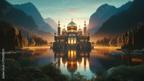 A large building with a gold dome sits on a lake. The water is calm and the sky is blue photo