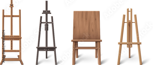 3D set of wooden easel stands isolated on white background. Vector realistic illustration of black and brown wooden tripod mockup for canvas, front view, art studio or painting school design elements