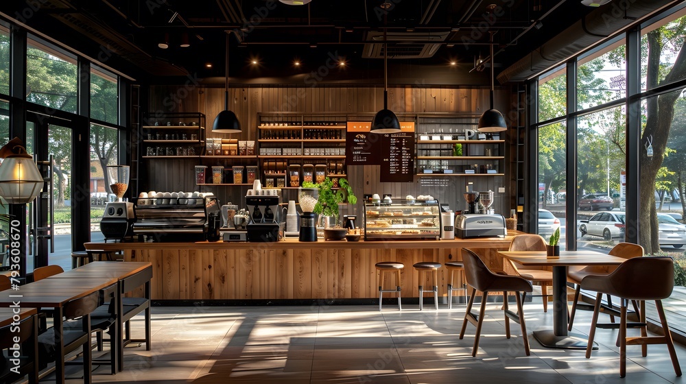 Interior design of an urban coffee shop, showcasing wooden accents and modern seating with large windows. The space is well lit by natural light, creating a cozy atmosphere for conversation. Interior design of an urban coffee shop, showcasing wooden accents and modern seating with large windows. The space is well lit by natural light, creating a cozy atmosphere for conversation.