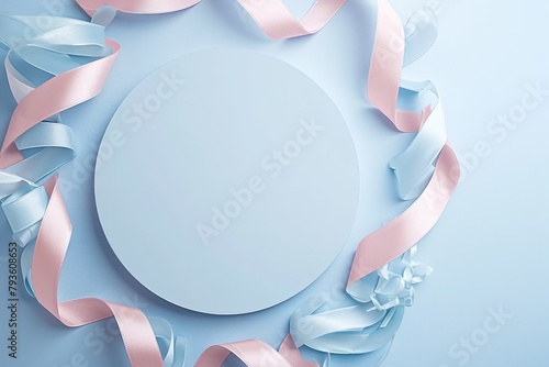 A front view of the isolated plate that has been placed on blue background that decorated with the pastel ribbon that can be compile to the things like the celebration, festival or ceremony. AIGX03.