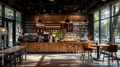 Interior design of an urban coffee shop, showcasing wooden accents and modern seating with large windows. The space is well lit by natural light, creating a cozy atmosphere for conversation.