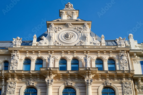 Latvian tourist landmark attraction - Art Nouveau style architecture - building fasade of Riga city, Latvia.