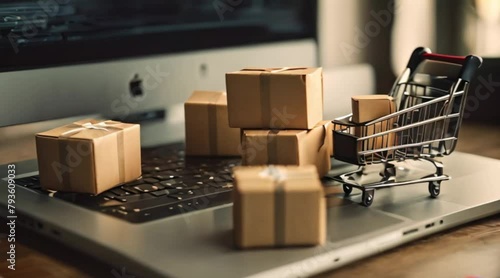 Digital Commerce: Cart Full of Boxes on Laptop Computer