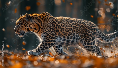 Leopard running in the forest, chase, survival of the fittest, animal world, side, sunlight, passion, 4k wallpaper, high quality,Graceful Leopard in Sunlit Wilderness: Embracing Nature's Majesty 