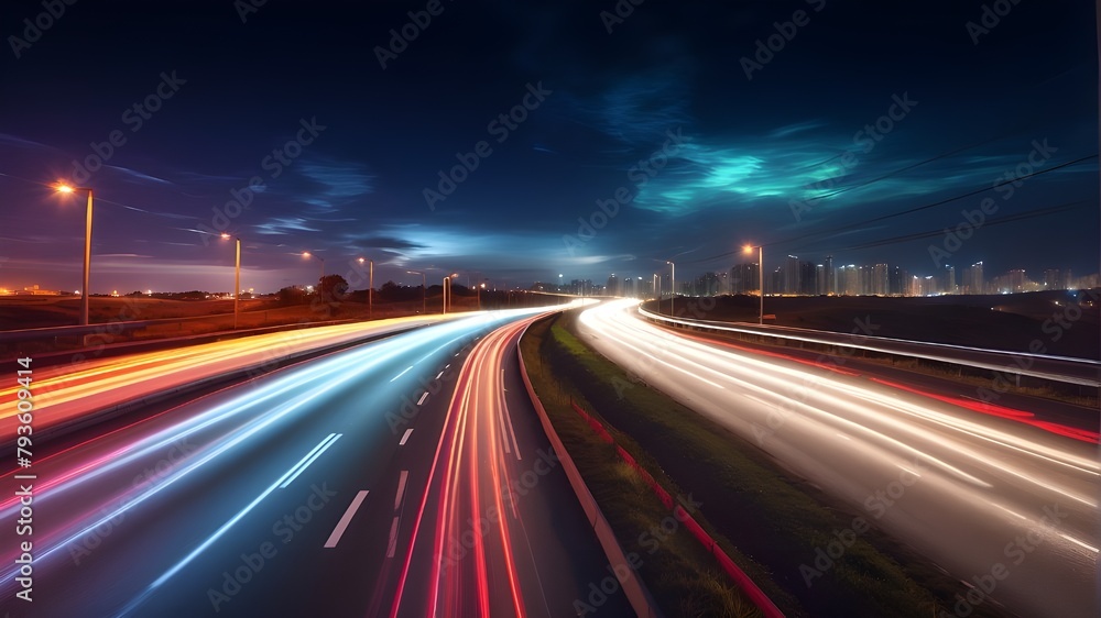 Vibrant and dynamic color light trails with a motion effect, captured in a photorealistic photographic style. The scene is set outdoors on a highway at night, with long exposure photography used to cr