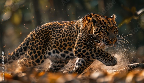 Leopard running in the forest, chase, survival of the fittest, animal world, side, sunlight, passion, 4k wallpaper, high quality,Graceful Leopard in Sunlit Wilderness: Embracing Nature's Majesty 