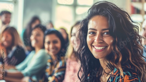 A radiant young woman smiling brightly among a diverse audience at a seminar or social event.