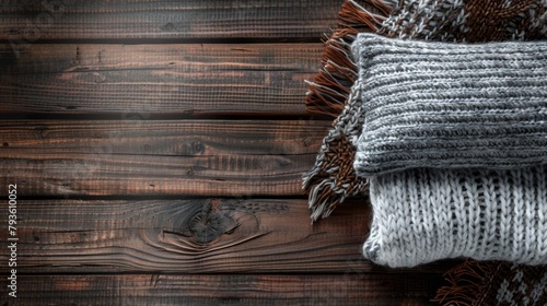 Two cozy knitted sweaters on rustic wooden planks, winter comfort concept.