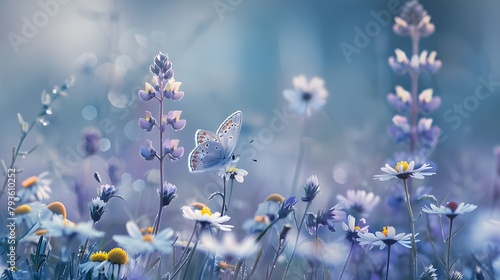 Amazing beautiful colorful natural scenery. Lavender flowers and butterfly in rays of summer sunlight in spring outdoors on nature macro, soft focus. Atmospheric photo, gentle artistic image. © Hem