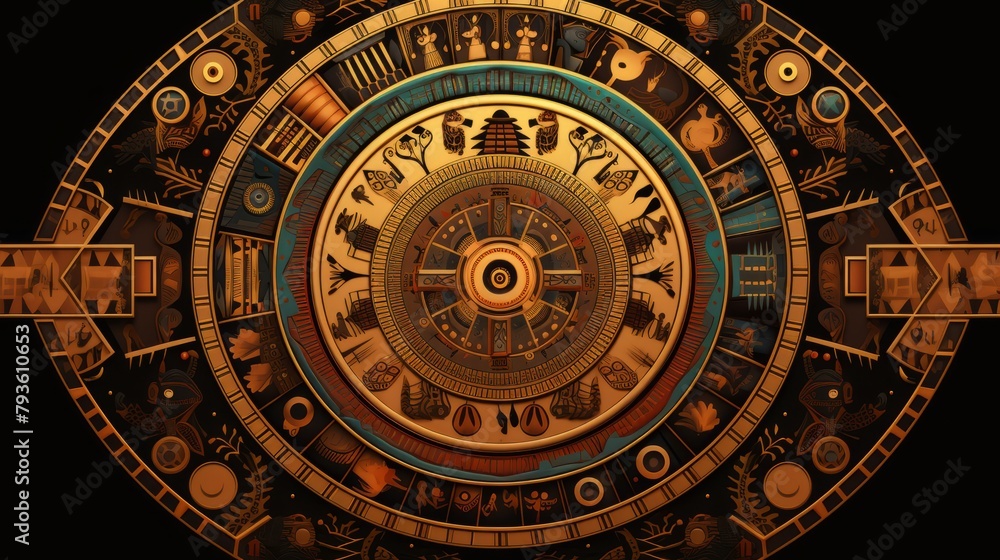 A mandala featuring egyptian hieroglyphics and desert tones