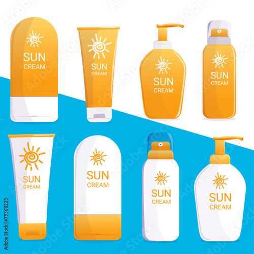 Sunscreen set. Realistic vector set of sunscreen for web design, flyer, banner.