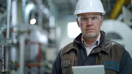 A middle-aged engineer in a hard hat, with a tablet, at a factory, showing a problem-solving expression, against a clean white background, styled as a fieldwork action shot. © Exnoi