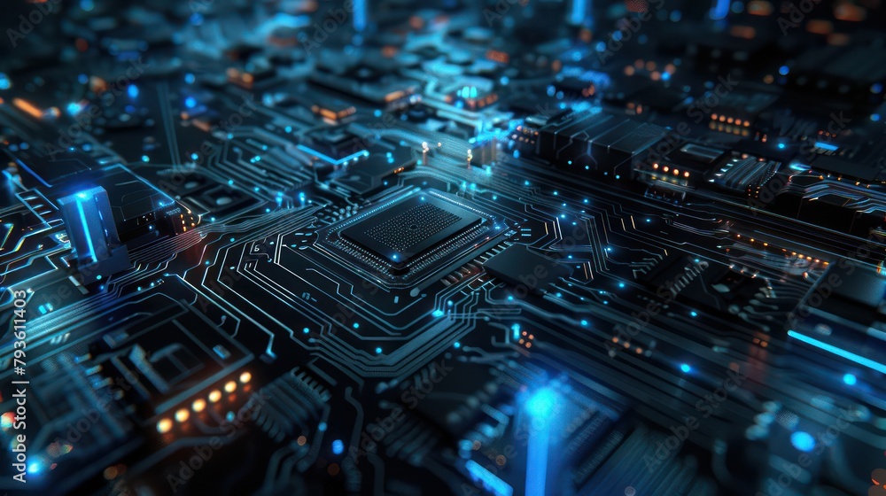 futuristic microchip CPU circuit board with blue light technology