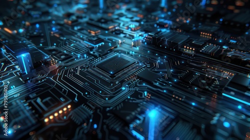 futuristic microchip CPU circuit board with blue light technology