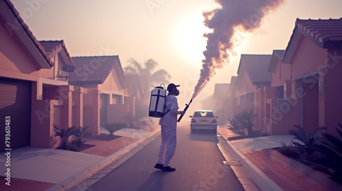 Health worker conducting mosquito control through fumigation in a residential neighborhood, with visible fog covering the area photo