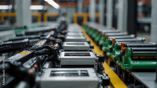Close-up of an electric vehicle battery assembly line in mass production Generative AI