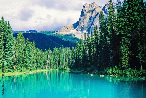 Beautiful mountain lake in a coniferous forest