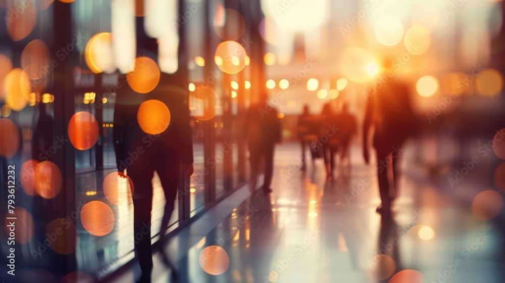 Blurred image of business people walking in the lobby of a modern office building Blurred image of business people walking in the lobby of a modern office building