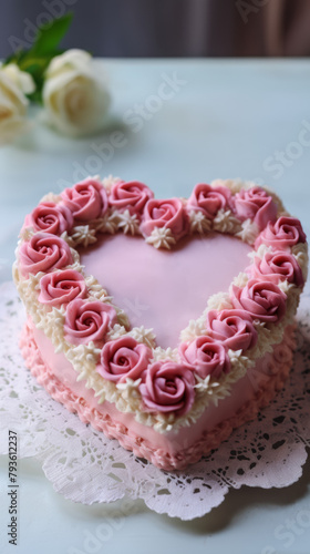 Trendy vintage lambeth cake with garlands, decorated with pink buttercream flowers and roses, birthday cake with cream piping, pink icing, present for Valentine’s Day, beautiful sweet dessert