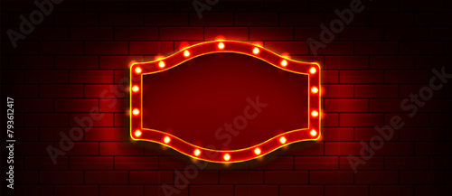 Circus light frame for retro casino billboard sign. Cinema show marquee banner with neon bulb border. Vintage broadway signboard on red brick wall background with spotlight. Luxury glowing design