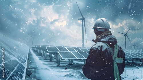 A pensive construction worker in a tranquil, snowy solar field, staring thoughtfully at the snow-laden solar panels, with wind turbines faintly visible in the background, styled as a pastel drawing.