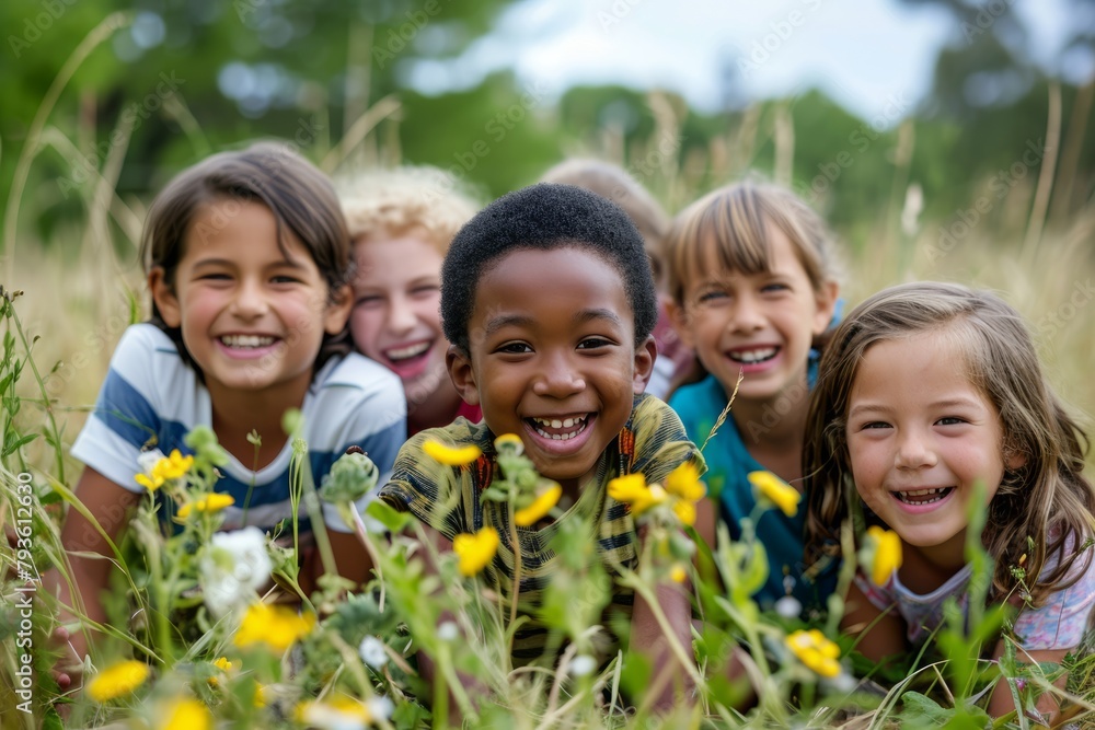 Portrait of a group of smiling children lying on the grass. Portrait of a group of smiling children lying on the grass.
