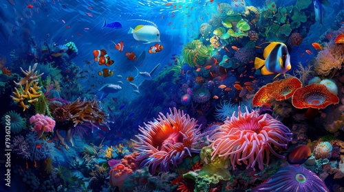 Enchanting coral reef teeming with life, with colorful fish darting among the vibrant coral formations and intricate sea anemones for blog nature lovers gallery