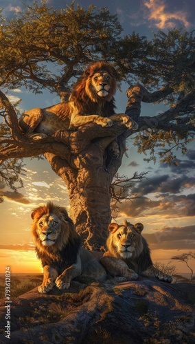 Majestic lions lounging in the shade of a towering baobab tree on the African savannah, their golden coats glowing in the warm light of sunset for blog nature lovers gallery