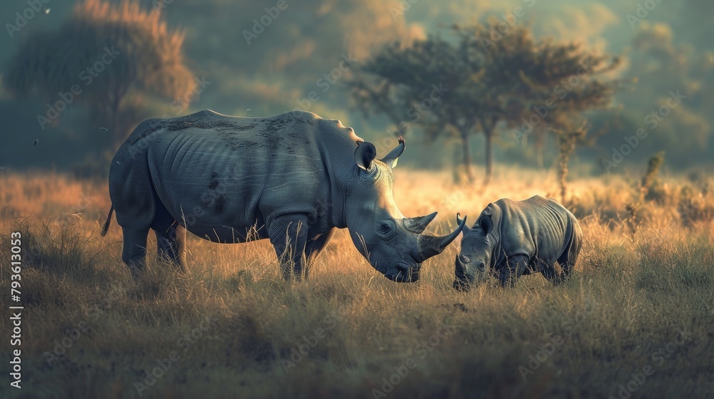 Fototapeta premium Rhinos grazing on lush grasslands, Wildlife, DSLR, Prime lens, Afternoon, Sturdy, Digital for blog nature lovers gallery