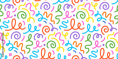 Kid line color seamless pattern. Abstract cute children party squiggle background design. Fun kid color line seamless pattern. Cute abstract children background. Vector illustration