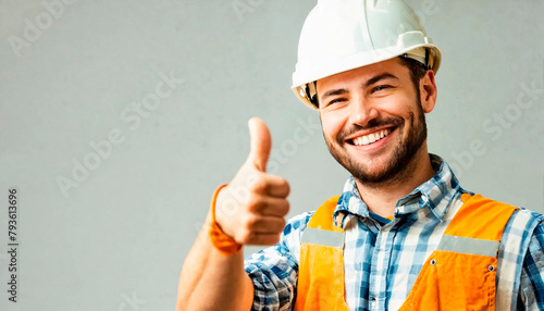A construction worker in a hard hat gave a thumbs up. Generative AI © Yan Gordiza
