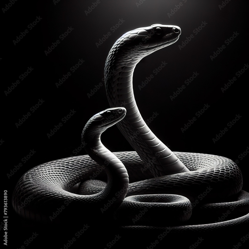 Fototapeta premium A mother Cobra and her baby in rim light black and white photography