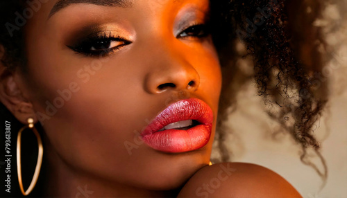 Beautiful dark-skinned girl with bright makeup on her face. Generative AI © Yan Gordiza