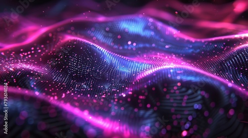 Dynamic and vibrant abstract digital waveform with glowing pink and blue particles. © tashechka