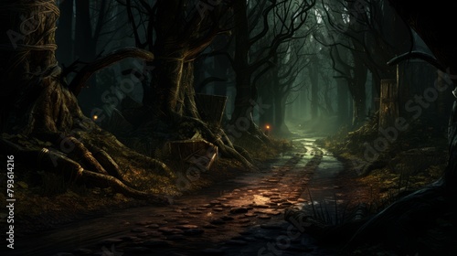 A road through a dense, enchanted forest