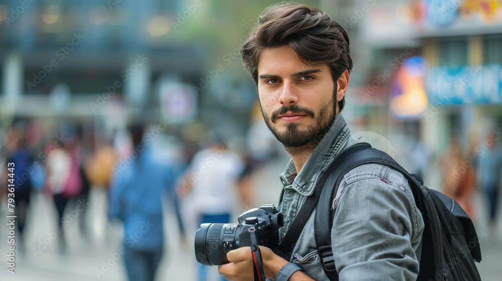 Portrait of a young professional photographer holding a camera with a confident and focused expression, showcasing passion and dedication to the craft. Portrait of a young professional photographer holding a camera with a confident and focused expression, showcasing passion and dedication to the craft.