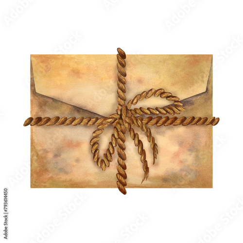 Old vintage mail envelope of beige parchment paper tied with a brown rope and a bow in an antique style. Watercolor illustration for design template for Book Day, history, antique shop, calligrapher